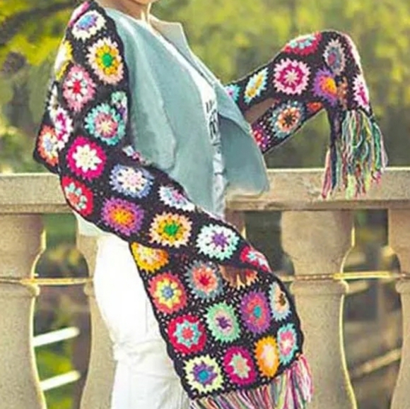 Black & Multicolor Granny Square Crochet Scarf - Picture 4 of 13